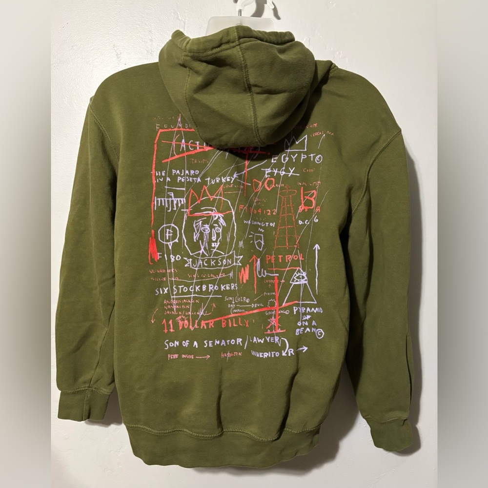 Jean-Michel Basquiat Tartown Record Spell out Hoodie Olive Green Med Urban - Picture 2 of 8